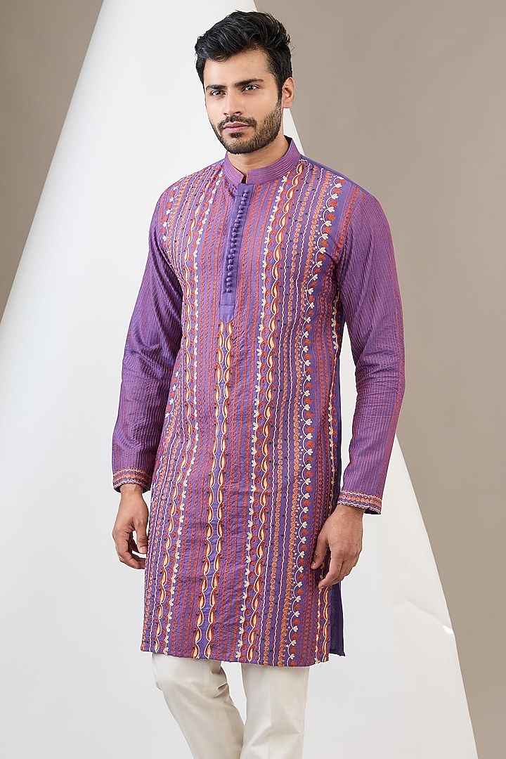Mauve Cotton Silk Machine Embroidered Kurta Set by Dev Kumar at Pernia's Pop Up Shop