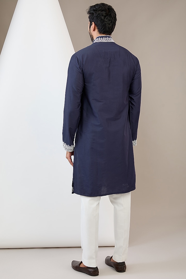 Blue Cotton Silk Resham Embroidered Kurta Set by Dev Kumar at Pernia's Pop Up Shop