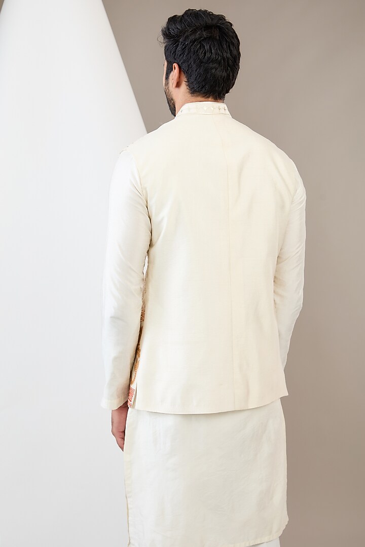 Ivory Cotton Silk Resham Embroidered Bundi Jacket Set by Dev Kumar at Pernia's Pop Up Shop