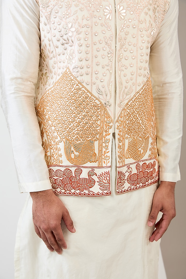 Ivory Cotton Silk Resham Embroidered Bundi Jacket Set by Dev Kumar at Pernia's Pop Up Shop