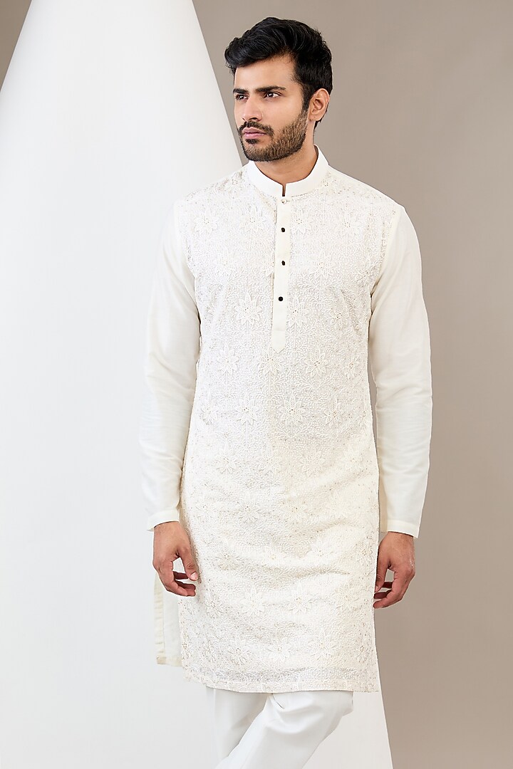 White Cotton Silk Chikankari Embroidered Kurta Set by Dev Kumar at Pernia's Pop Up Shop