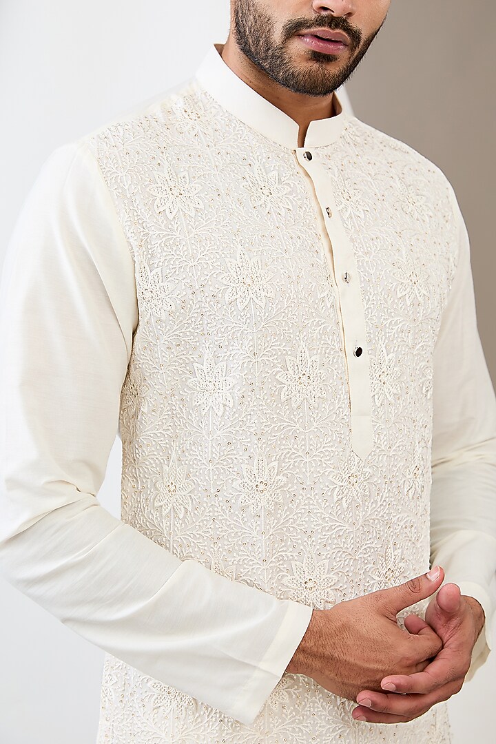 White Cotton Silk Chikankari Embroidered Kurta Set by Dev Kumar at Pernia's Pop Up Shop