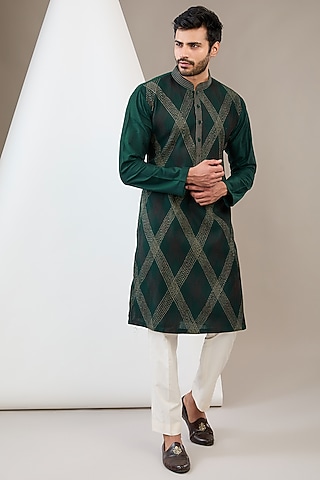 Bottle Green Cotton Silk Zari & Thread Embroidered Kurta Set by Dev Kumar