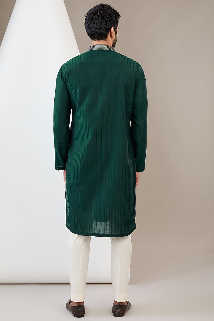 Bottle Green Cotton Silk Zari & Thread Embroidered Kurta Set by Dev Kumar at Pernia's Pop Up Shop
