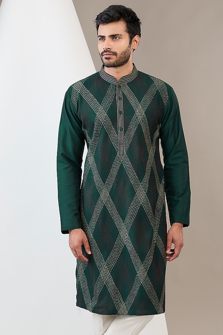 Bottle Green Cotton Silk Zari & Thread Embroidered Kurta Set by Dev Kumar at Pernia's Pop Up Shop