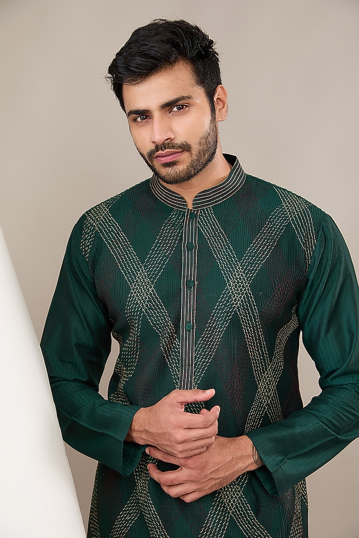 Bottle Green Cotton Silk Zari & Thread Embroidered Kurta Set by Dev Kumar at Pernia's Pop Up Shop