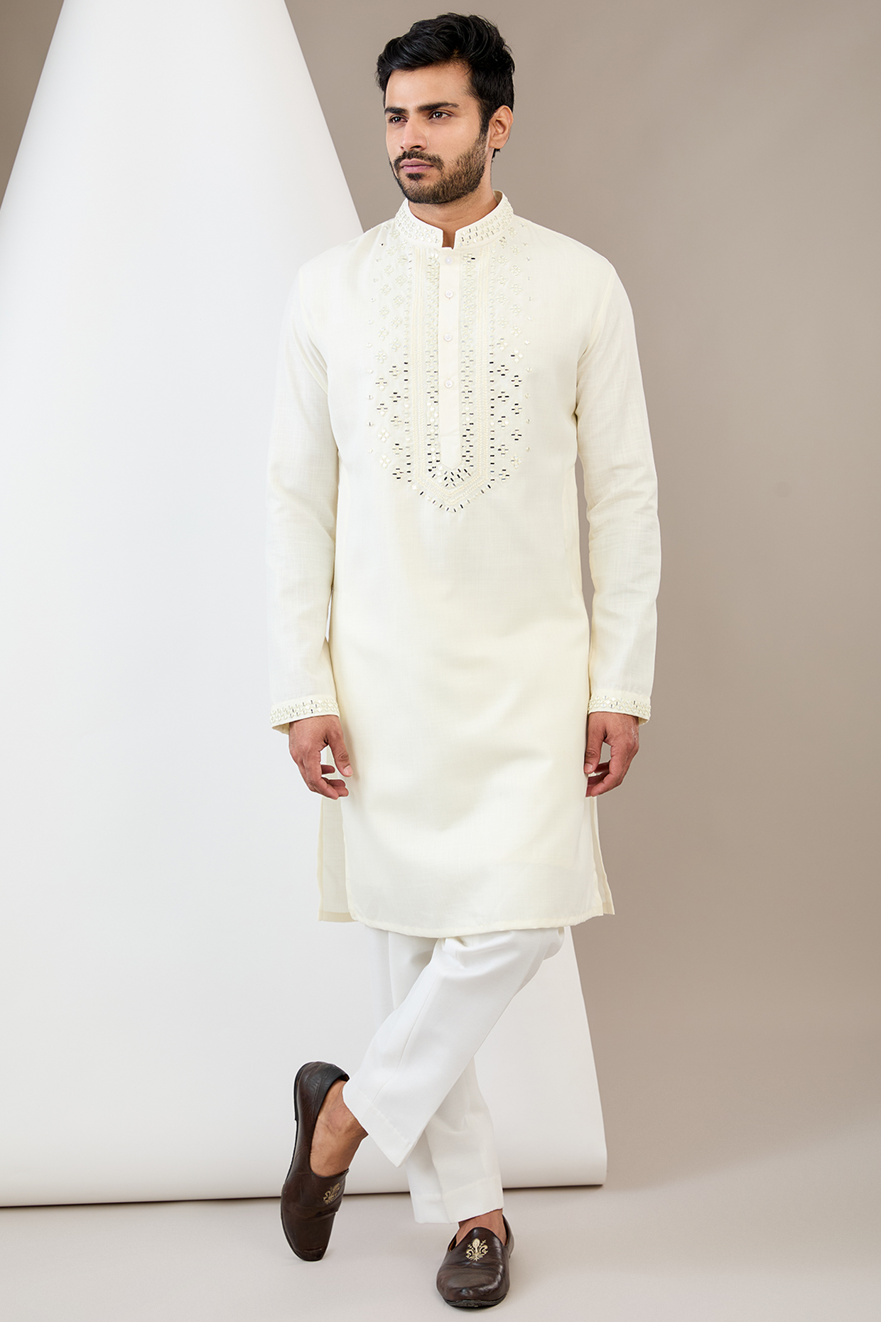White Cotton Silk Mirror Embroidered Kurta Set by Dev Kumar at Pernia's Pop Up Shop