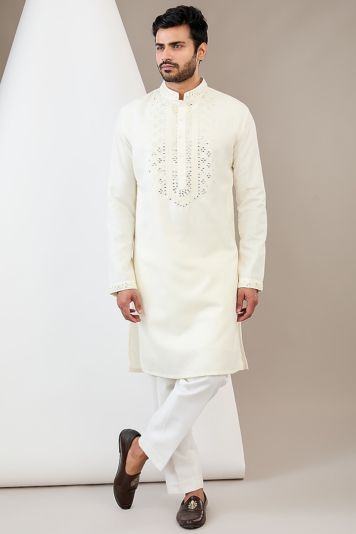 White Cotton Silk Mirror Embroidered Kurta Set by Dev Kumar at Pernia's Pop Up Shop