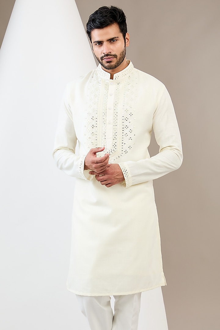 White Cotton Silk Mirror Embroidered Kurta Set by Dev Kumar at Pernia's Pop Up Shop