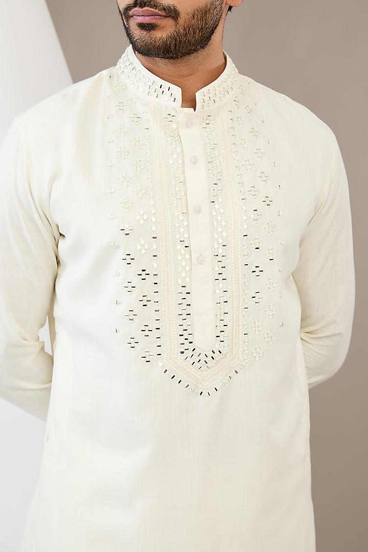 White Cotton Silk Mirror Embroidered Kurta Set by Dev Kumar at Pernia's Pop Up Shop