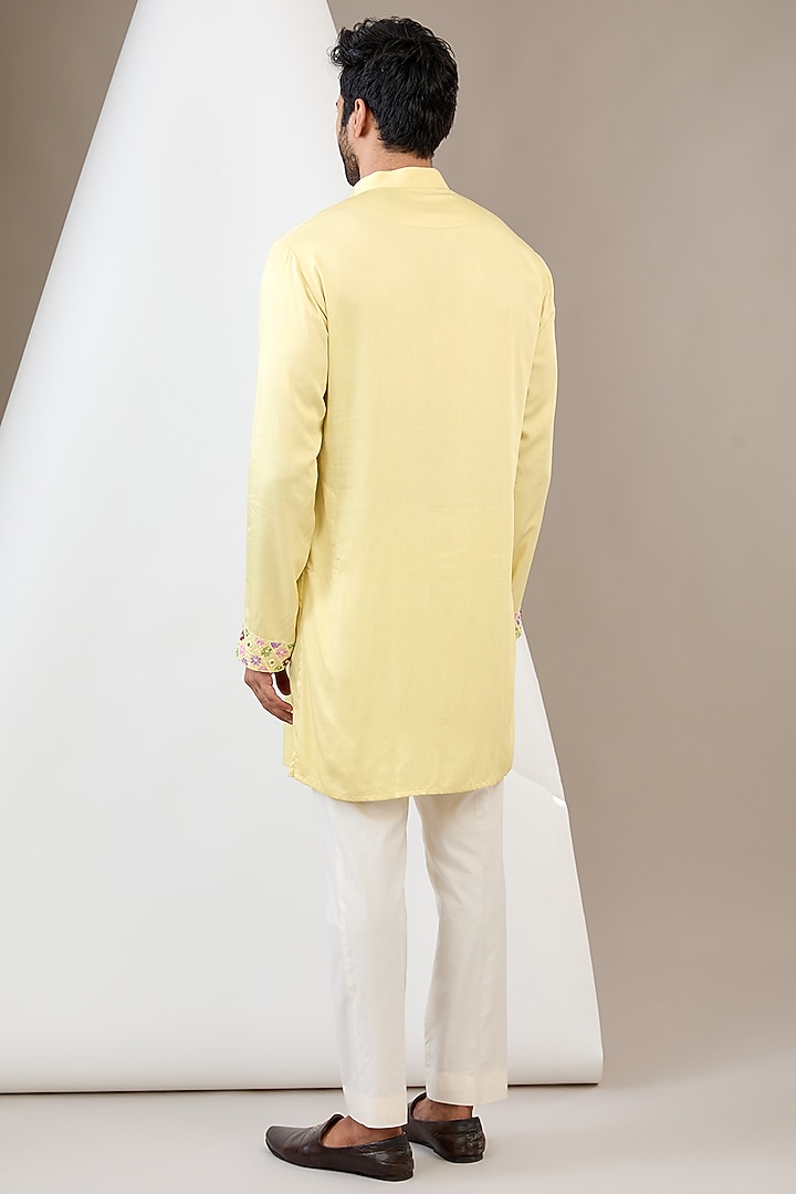 Yellow Cotton Silk Resham Embroidered Bundi Jacket Set by Dev Kumar at Pernia's Pop Up Shop