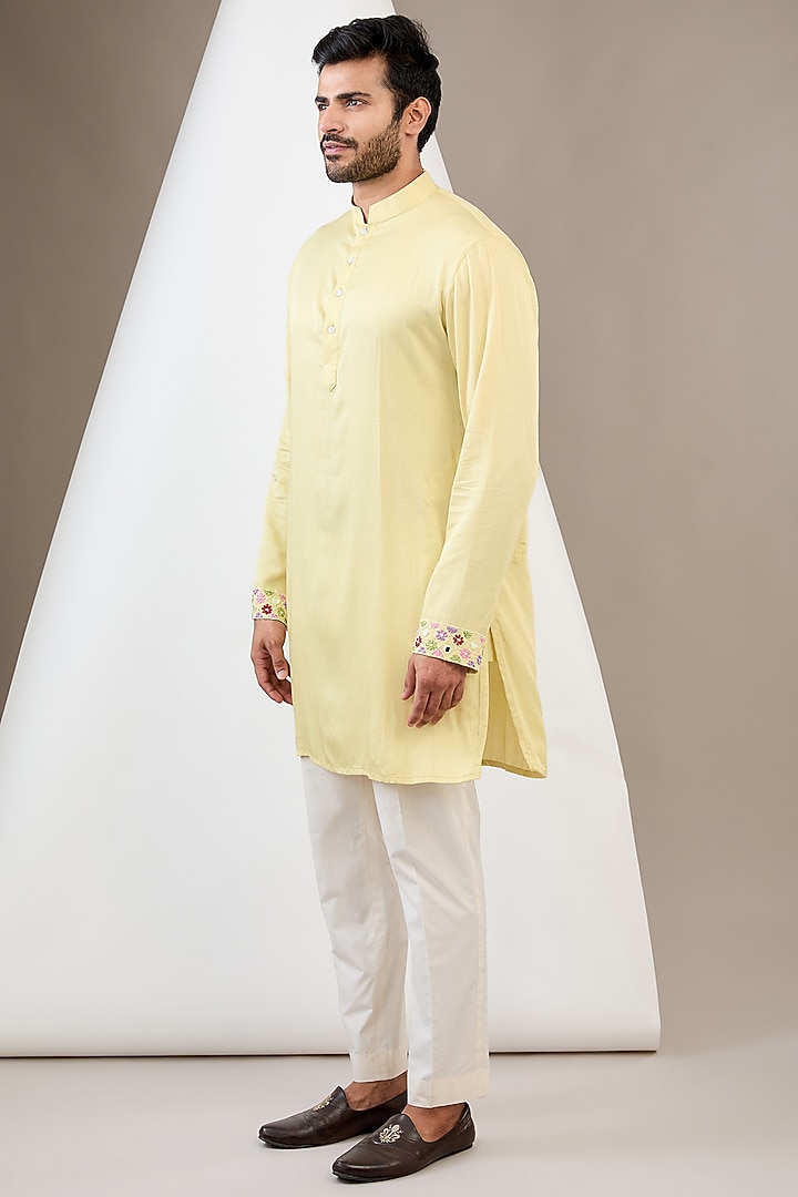 Yellow Cotton Silk Resham Embroidered Bundi Jacket Set by Dev Kumar at Pernia's Pop Up Shop