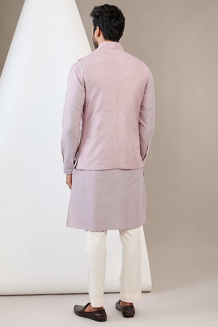 Pink Cotton Silk Mirror Embroidered Bundi Jacket Set by Dev Kumar at Pernia's Pop Up Shop