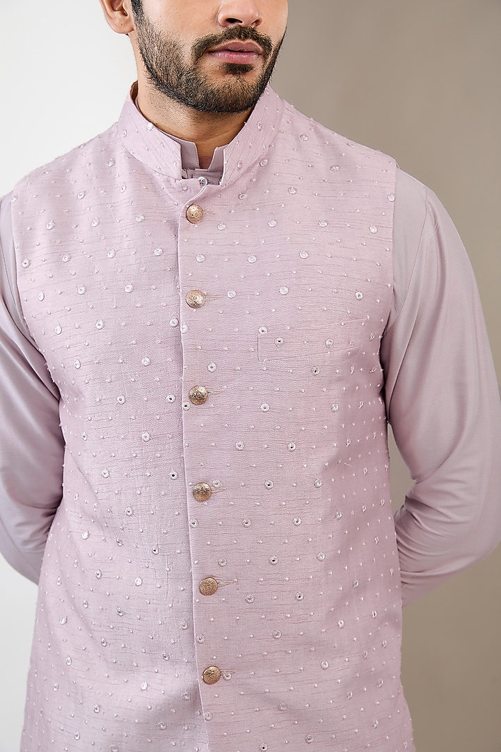 Pink Cotton Silk Mirror Embroidered Bundi Jacket Set by Dev Kumar at Pernia's Pop Up Shop