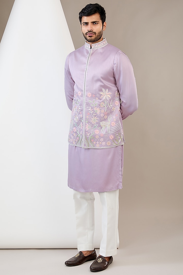 Purple Cotton Silk Resham Embroidered Bundi Jacket Set by Dev Kumar