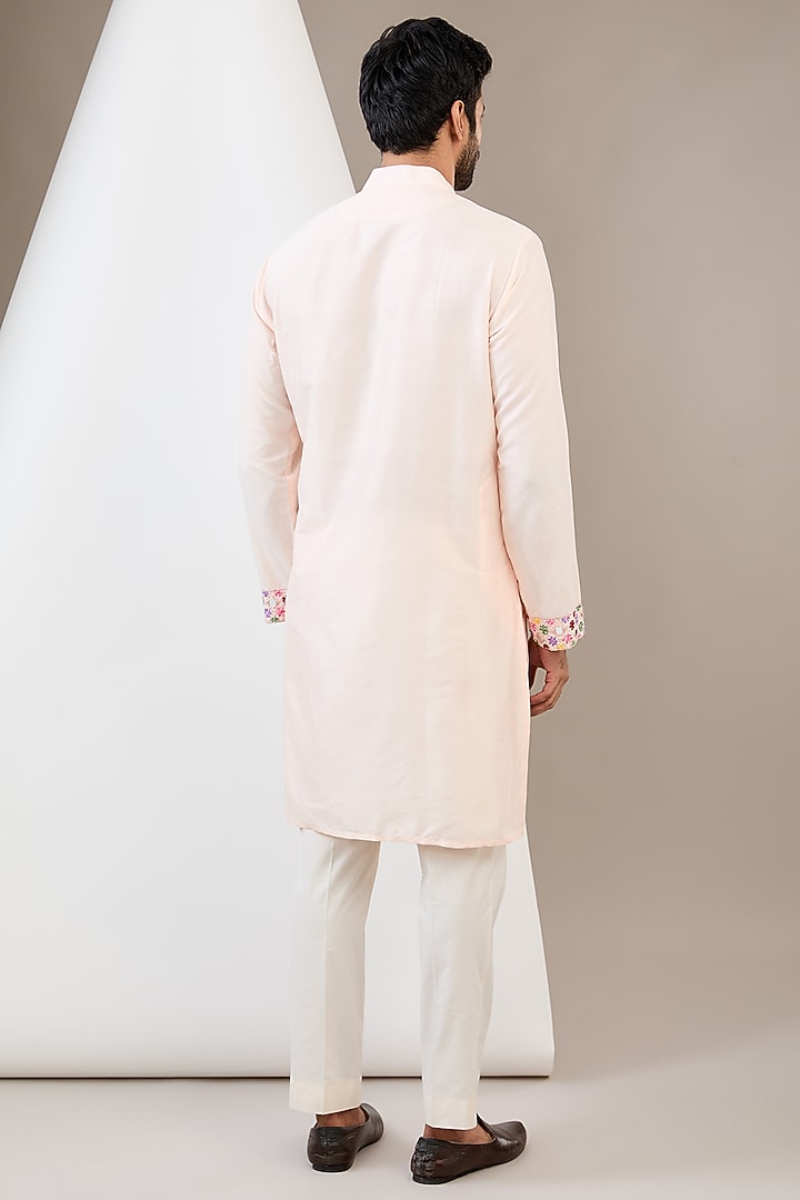 Peach Cotton Silk Hand Embroidered Bundi Jacket Set by Dev Kumar at Pernia's Pop Up Shop