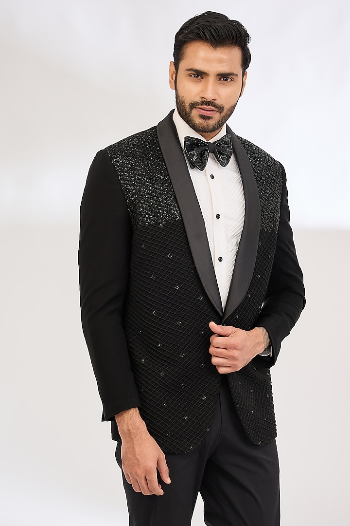 Black Italian Crepe Bead Hand Embroidered Tuxedo by Dev Kumar at Pernia's Pop Up Shop