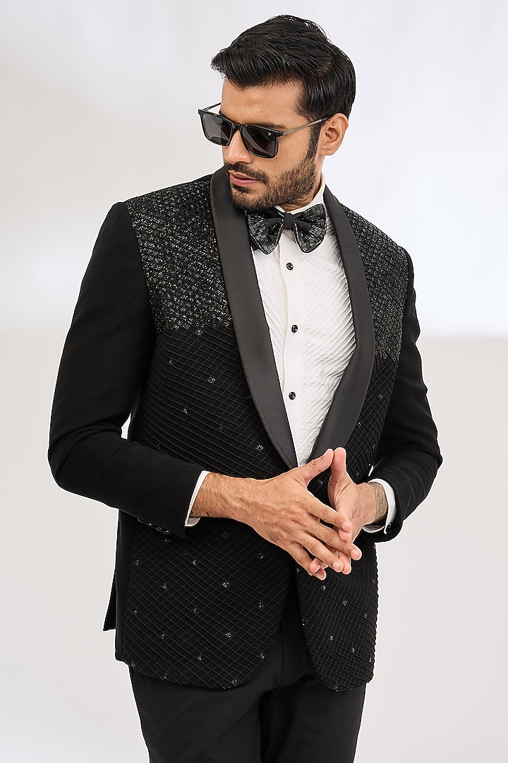 Black Italian Crepe Bead Hand Embroidered Tuxedo by Dev Kumar at Pernia's Pop Up Shop