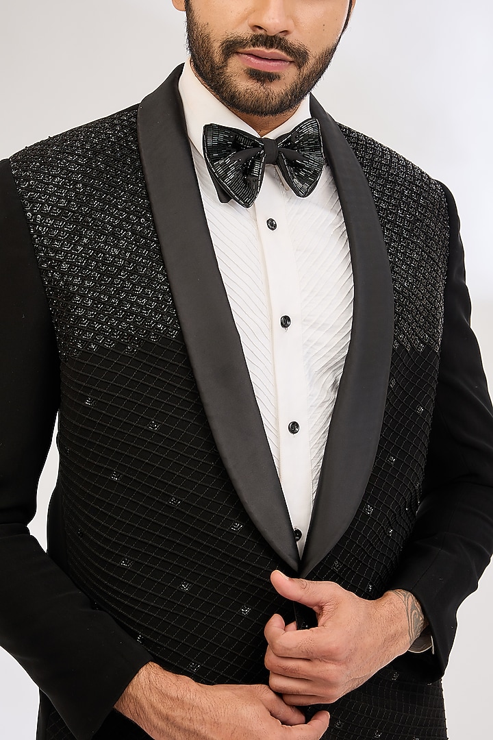 Black Italian Crepe Bead Hand Embroidered Tuxedo by Dev Kumar at Pernia's Pop Up Shop