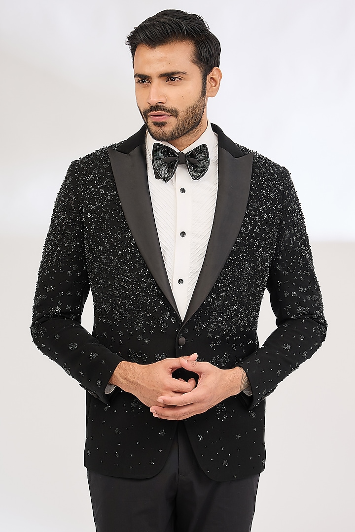 Black Italian Crepe Sequin Hand Embroidered Tuxedo by Dev Kumar