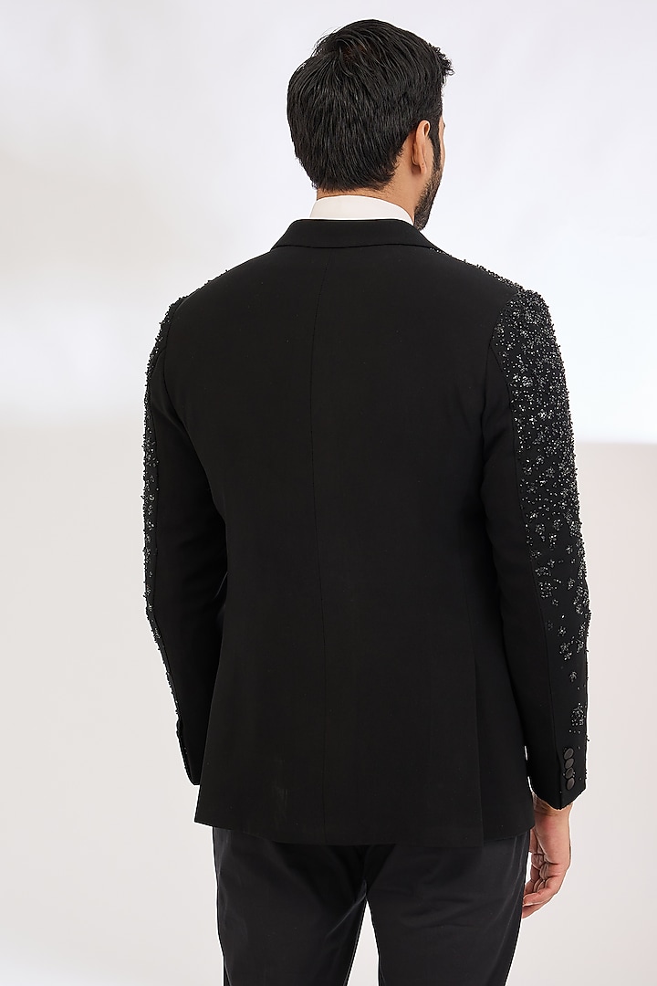 Black Italian Crepe Sequin Hand Embroidered Tuxedo by Dev Kumar at Pernia's Pop Up Shop