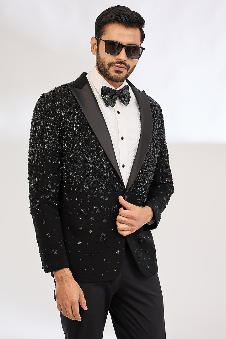 Black Italian Crepe Sequin Hand Embroidered Tuxedo by Dev Kumar at Pernia's Pop Up Shop
