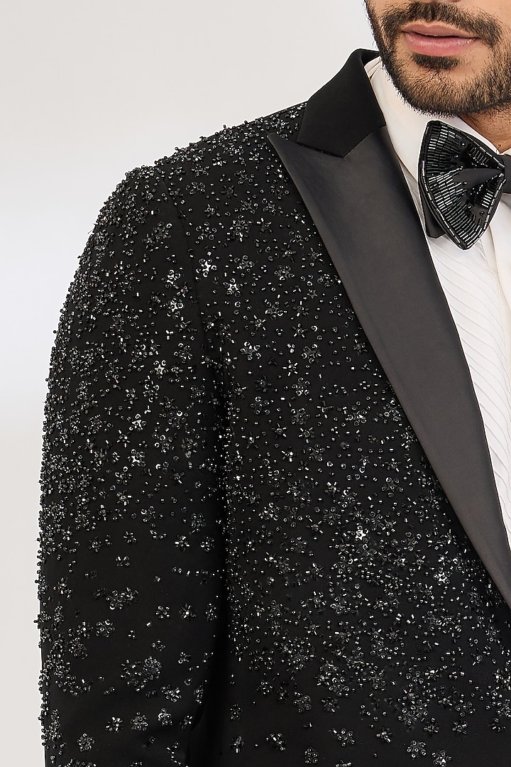 Black Italian Crepe Sequin Hand Embroidered Tuxedo by Dev Kumar at Pernia's Pop Up Shop