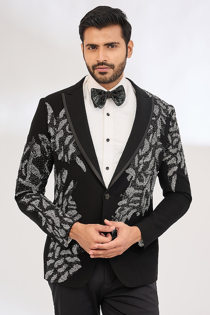 Black Italian Crepe Dabka Hand Embroidered Tuxedo by Dev Kumar