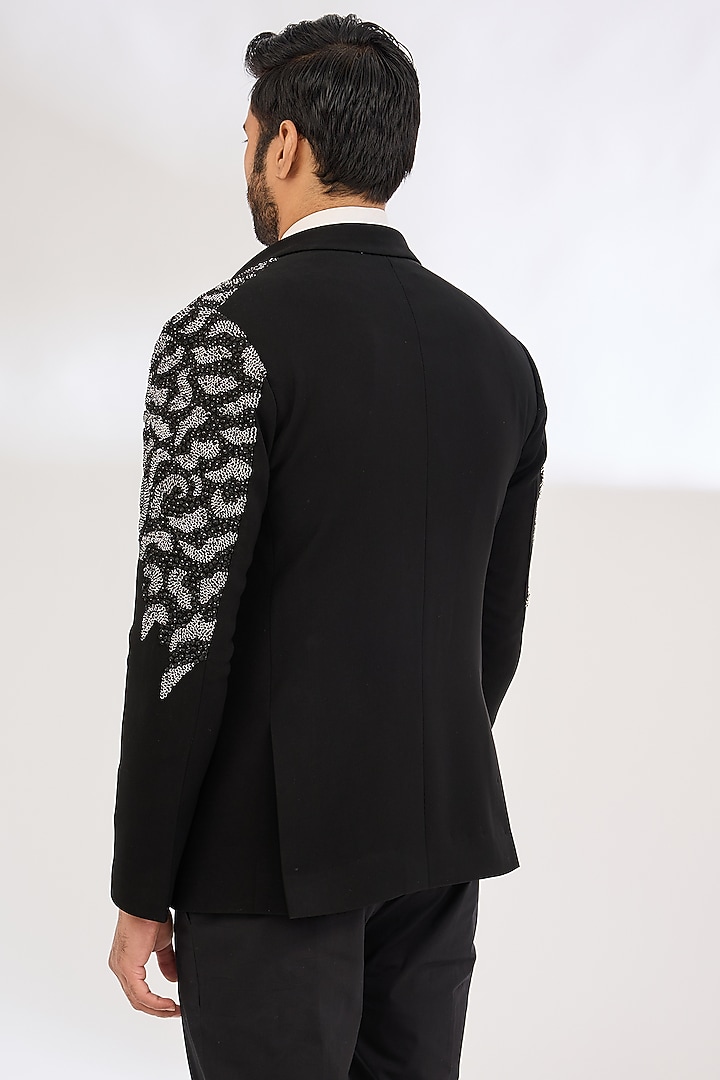 Black Italian Crepe Dabka Hand Embroidered Tuxedo by Dev Kumar at Pernia's Pop Up Shop