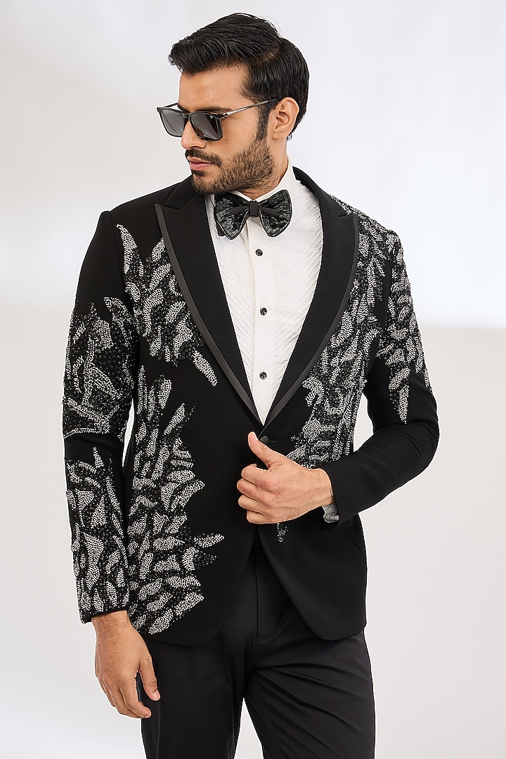 Black Italian Crepe Dabka Hand Embroidered Tuxedo by Dev Kumar at Pernia's Pop Up Shop