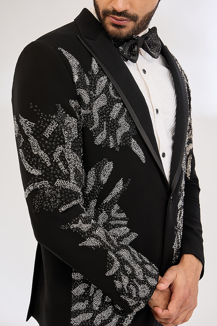 Black Italian Crepe Dabka Hand Embroidered Tuxedo by Dev Kumar at Pernia's Pop Up Shop