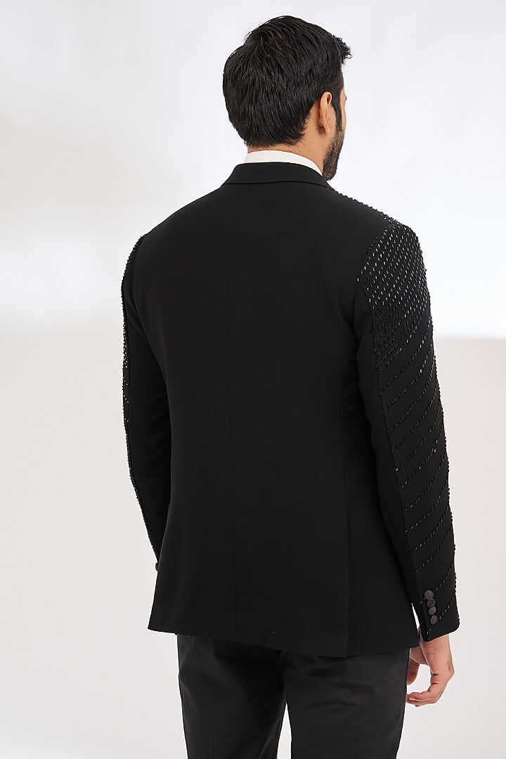 Black Italian Crepe Bead Hand Embroidered Tuxedo Set by Dev Kumar at Pernia's Pop Up Shop