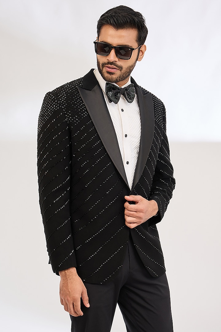 Black Italian Crepe Bead Hand Embroidered Tuxedo Set by Dev Kumar at Pernia's Pop Up Shop