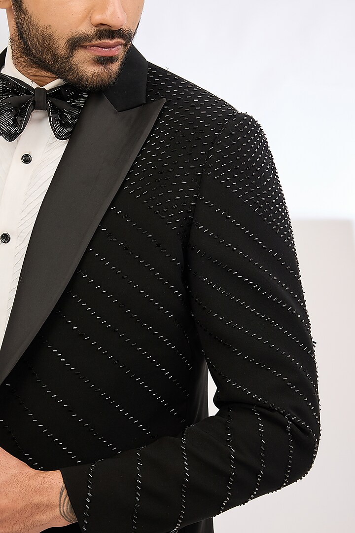 Black Italian Crepe Bead Hand Embroidered Tuxedo Set by Dev Kumar at Pernia's Pop Up Shop
