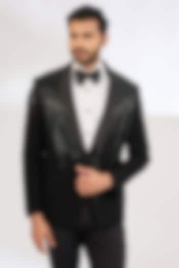 Black Italian Crepe Bead Hand Embroidered Tuxedo Set by Dev Kumar at Pernia's Pop Up Shop
