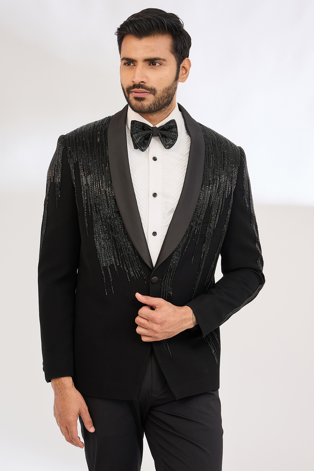 Black Italian Crepe Bead Hand Embroidered Tuxedo Set by Dev Kumar at Pernia's Pop Up Shop