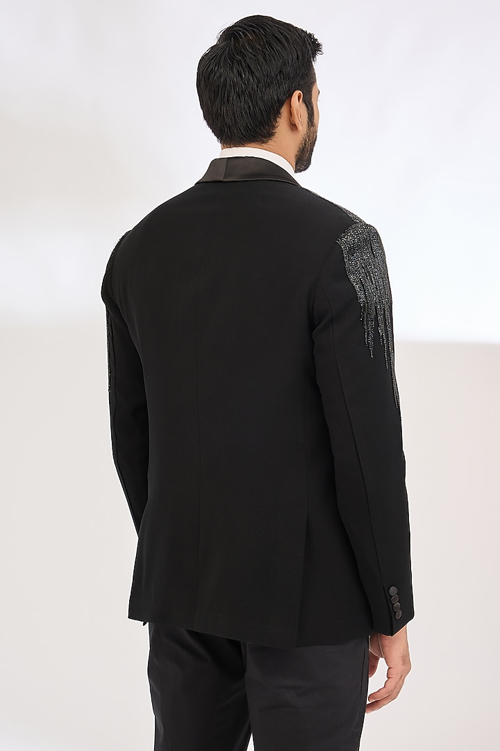 Black Italian Crepe Bead Hand Embroidered Tuxedo Set by Dev Kumar at Pernia's Pop Up Shop
