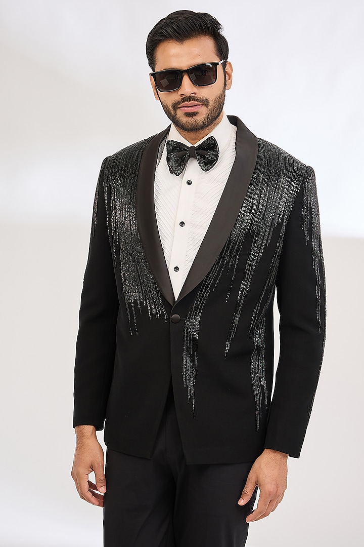 Black Italian Crepe Bead Hand Embroidered Tuxedo Set by Dev Kumar at Pernia's Pop Up Shop