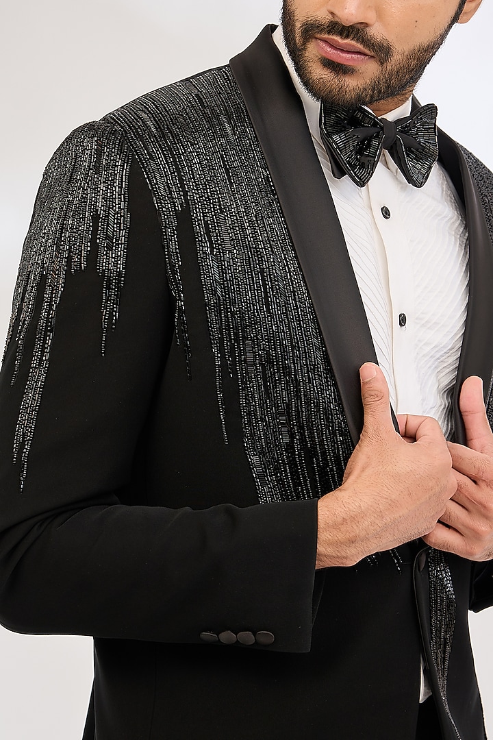Black Italian Crepe Bead Hand Embroidered Tuxedo Set by Dev Kumar at Pernia's Pop Up Shop