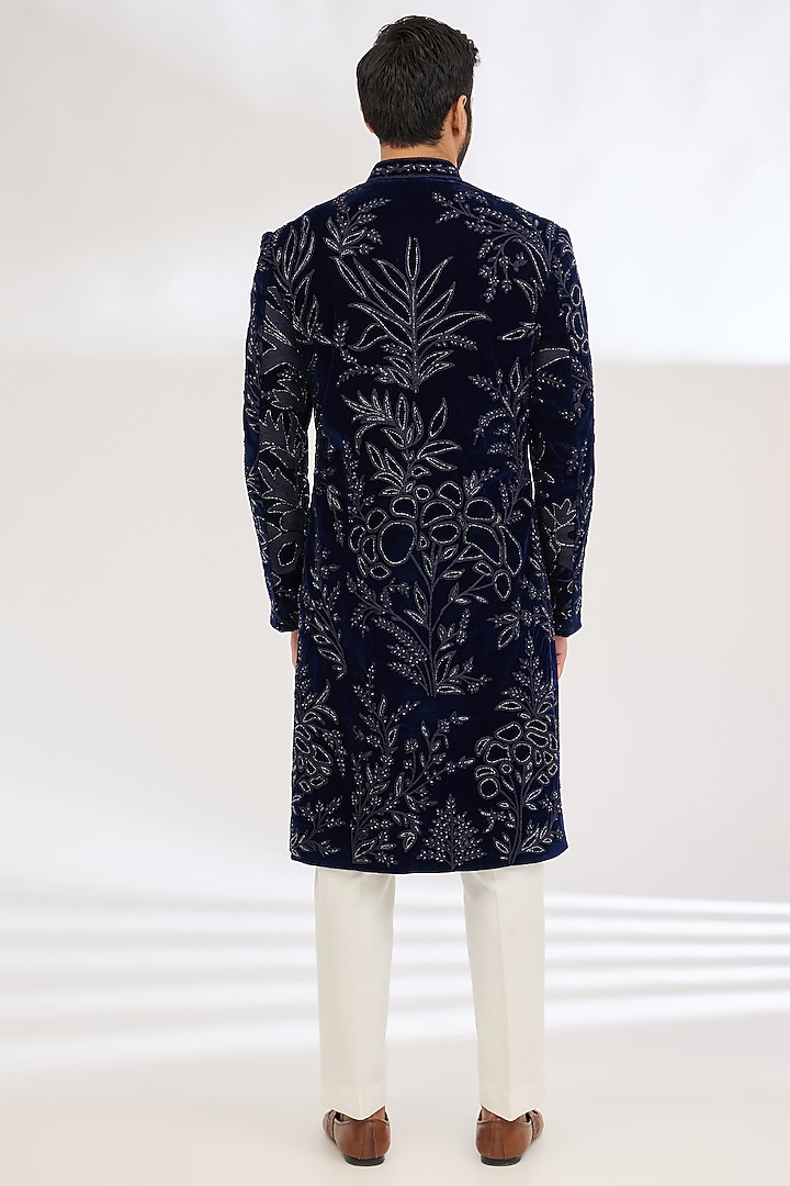 Blue Velvet Dori Work Groom Indowestern Set by Dev Kumar at Pernia's Pop Up Shop