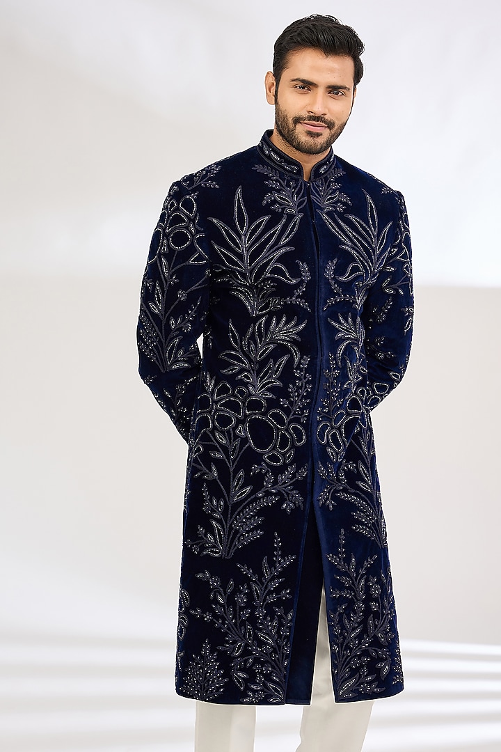 Blue Velvet Dori Work Groom Indowestern Set by Dev Kumar at Pernia's Pop Up Shop