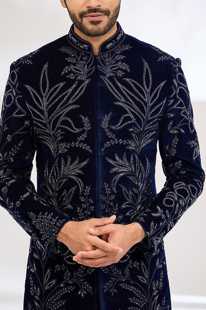 Blue Velvet Dori Work Groom Indowestern Set by Dev Kumar at Pernia's Pop Up Shop