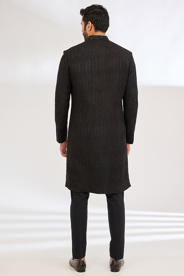 Black Raw Silk Resham Work Groom Indowestern Set by Dev Kumar at Pernia's Pop Up Shop