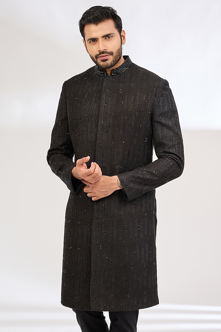 Black Raw Silk Resham Work Groom Indowestern Set by Dev Kumar at Pernia's Pop Up Shop