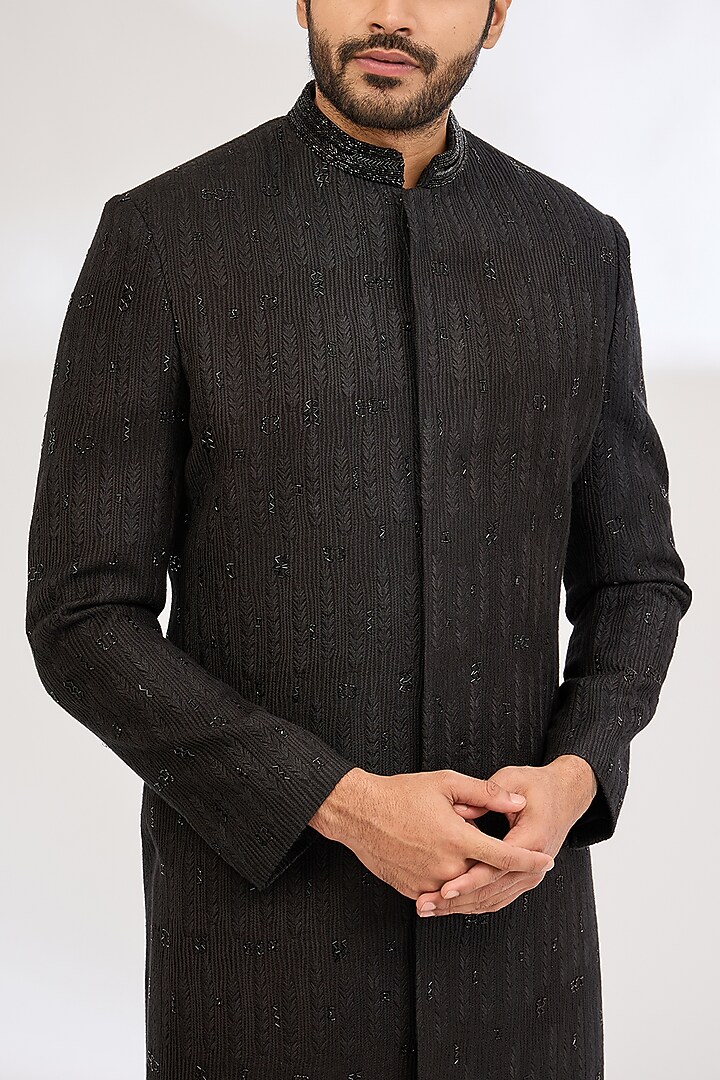 Black Raw Silk Resham Work Groom Indowestern Set by Dev Kumar at Pernia's Pop Up Shop