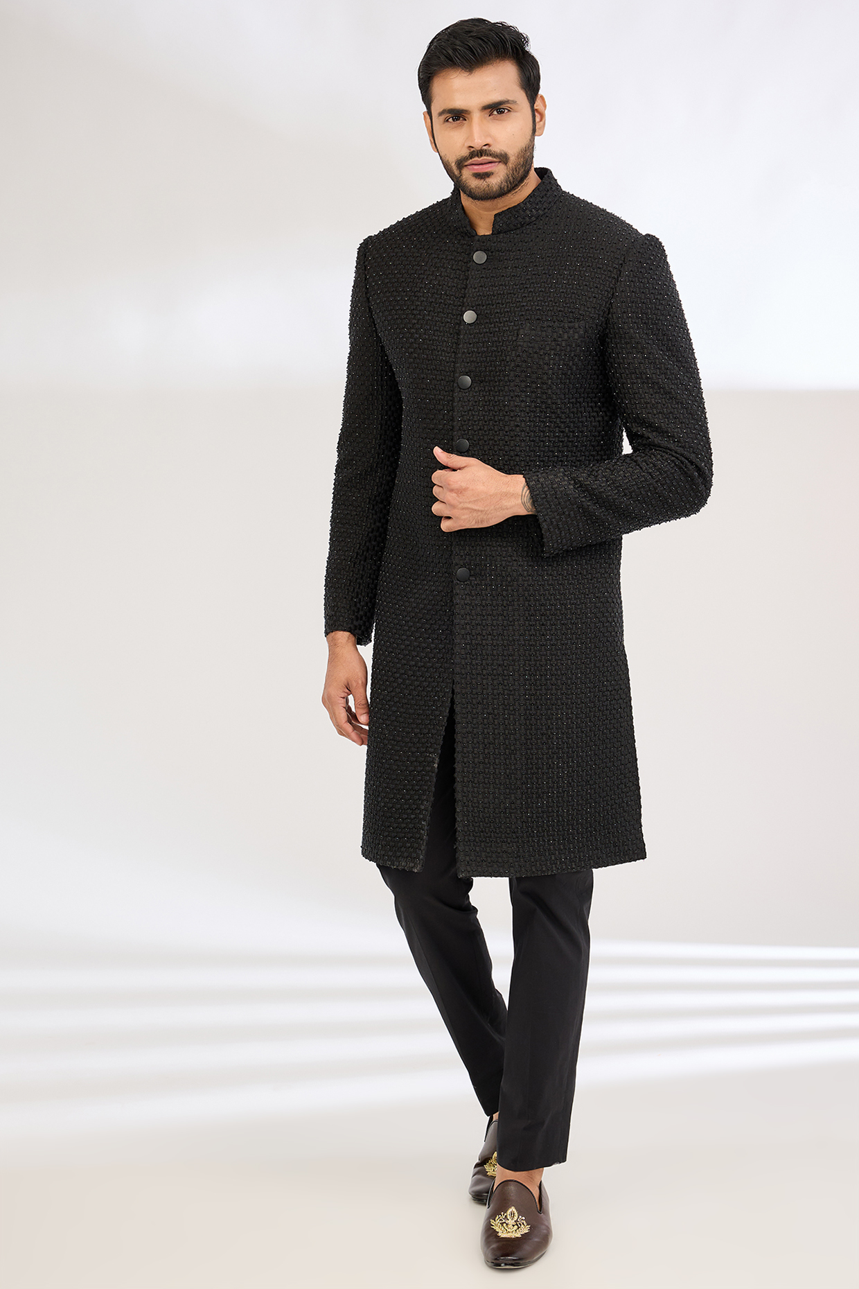 Black Italian Crepe Nalki & Resham Work Groom Indowestern Set by Dev Kumar at Pernia's Pop Up Shop