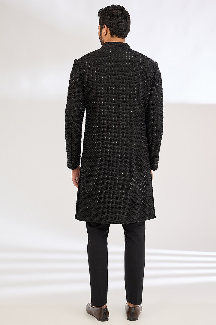 Black Italian Crepe Nalki & Resham Work Groom Indowestern Set by Dev Kumar at Pernia's Pop Up Shop