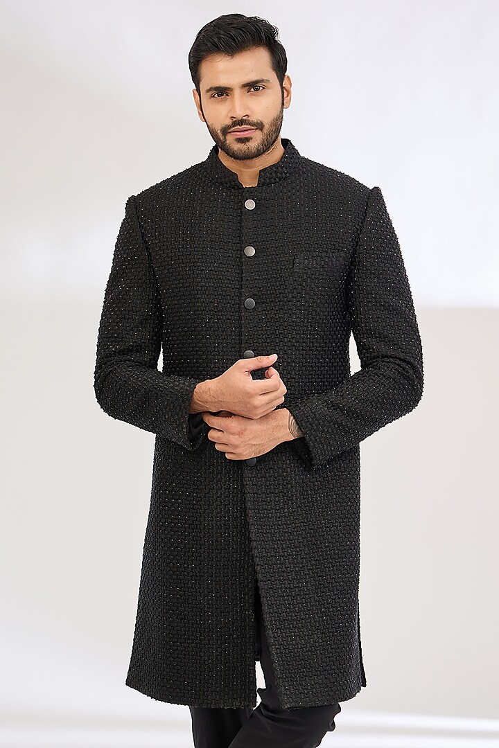 Black Italian Crepe Nalki & Resham Work Groom Indowestern Set by Dev Kumar at Pernia's Pop Up Shop