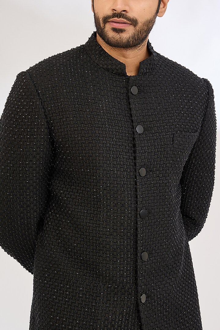 Black Italian Crepe Nalki & Resham Work Groom Indowestern Set by Dev Kumar at Pernia's Pop Up Shop