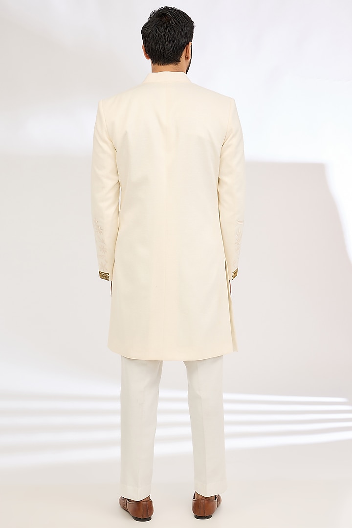 Ivory Linen Silk Resham Work Wedding Indowestern Set by Dev Kumar at Pernia's Pop Up Shop